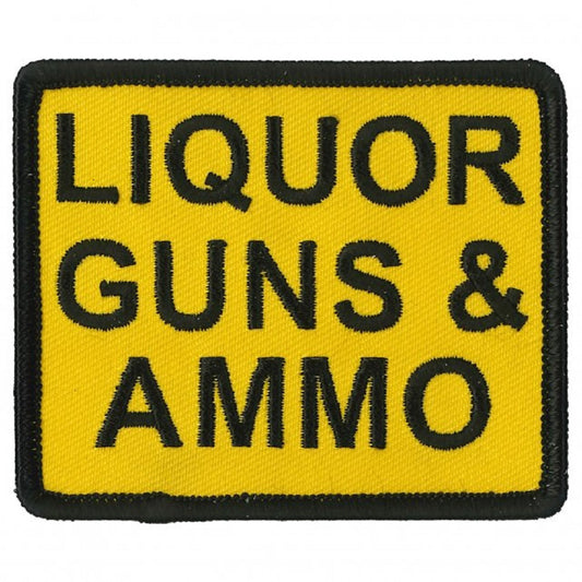 LIQUOR GUNS & AMMO, Bikers PATCH, Thread Rayon Iron-On Heat Sealed Backing / Sew-On Embroidered PATCH - 3" x 3"